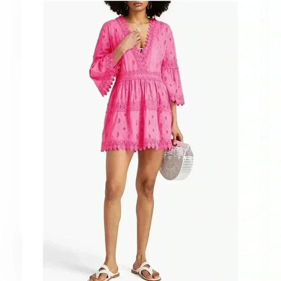 MELISSA ODABASH Victoria broderie anglaise cotton mini dress Barbiecore - Picture 3 of 6